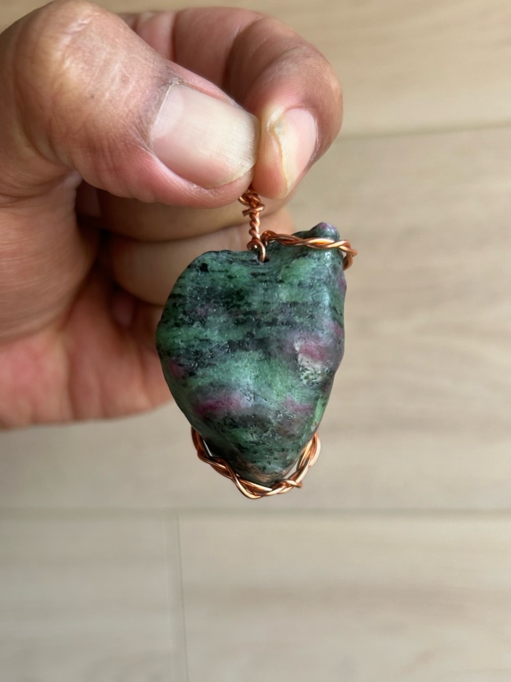 Handmade Ruby in Zoisite Copper Wired Pendant